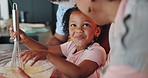 Whisk, bowl and grandparents with girl in kitchen for food, ingredients and bakery for dessert. Taste, family and adoption with happy mature couple people, cake and cookie dough for bonding together