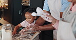 Hands, flour and baking with parents and girl, play and food for learning in kitchen in home. Snacks, family and young person and grandparents, together or bonding with pastry recipe for Father's day