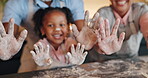 Hands, flour and baking with parents and girl, family and food for learning in kitchen for bakery. Snacks, chef and young person for childhood development, together or bonding with pastry ingredients