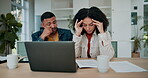 Frustrated, couple and reading of email, laptop and increase of interest for mortgage, debt and talking. Love, conversation and disappointed for low credit score, woman and man with paperwork in home