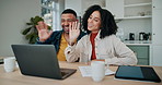 Happy couple, laptop and wave with video call for virtual meeting, introduction or hello at home. Young man and woman with smile for online chat, telecommunication or greeting on computer at house