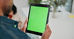 Man, hands and tablet with green screen for media app, research or user interface at home. Closeup of male person with technology or display for online app, browsing or reading news on mockup space