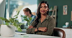 Desk, portrait and woman with smile, office and typing for cold email, online and appointment setter. Computer, happy and female employee with keyboard, virtual assistant and schedule of company