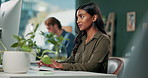 Desk, typing and woman with smile, office and online for cold email, portrait and appointment setter. Computer, happy and female employee with keyboard, virtual assistant and schedule of company