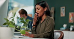 Desk, typing and woman with cough, office and online for cold email, sick and appointment setter. Computer, flu and employee with keyboard, virtual assistant and schedule of company and chest pain