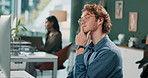 Desk, thinking and man with glasses, office and ideas for cold email, online and appointment setter. Computer, vision and male employee with eyewear, virtual assistant or schedule of customer service