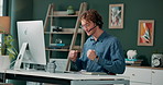 Customer service, computer and man with celebration in office for consulting, target and achievement. Happy, agent and fist with headphones by desk for telemarketing, b2c bonus and success in sale