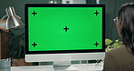 Green screen, computer and woman in office, back and communication for schedule, project and deadline. Employee, online and internet with connection, digital and person in business and copywriting