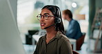 Office, woman and headphones with mic in call center for customer service, communication and networking. Happy, sales agent and smile with digital consulting for b2c support, telemarketing and help