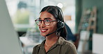 Receptionist, computer and woman with headset in office for customer service, help and telecom. Agency, worker and consulting with mic to client for business info, support and schedule of appointment