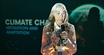 Presentation, conference and mature woman with mic for climate change workshop for sustainable company. Seminar, eco friendly and female speaker on podium at convention for earth development at event