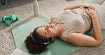 Floor, relax and woman with headphones in meditation for mental health, music spiritual healing. Audio, tech and person with smile in top view for mindfulness, chakra sound and online media playlist