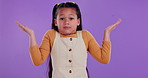 Face, girl and kid with shrug, doubt and unsure with reaction on purple studio background. Portrait, model and child with gesture, questions and asking with emoji, clueless and confused with emotion