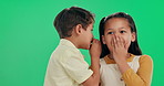 Gossip, friends and children in studio with secret conversation, fun story or childhood drama. Whisper, boy and girl together with confidential discussion, privacy and surprise on green background