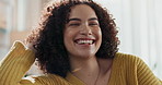 Happy woman, laughing and relax with comedy for humor, holiday or weekend leisure at home. Portrait of friendly or young female person with smile in happiness for joy, carefree or freedom at house