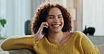 Woman, phone call and app for talking in home, online and funny communication or laughing. Happy female person, chatting and couch for humor in gossip in living room, relax and contact on internet