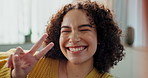 Happy woman, peace sign and blowing kiss with selfie for photography, moment or memory at home. Portrait of friendly female person with smile in relax for happiness, fun picture or emoji at house