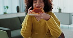 Woman, laptop and pizza for working online in home, nutrition and fast food for freelancer. Female person, takeaway and copywriter for research on internet, website and planning with snack or meal