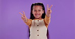 Peace, hands and face of girl child in studio with freedom sign, thank you and support gesture on purple background. V, fingers and portrait of kid with emoji expression, vote and feedback or opinion