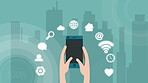 Illustration, city and hands with smartphone or mobile app icons for internet connection, networking and communication. Abstract, person and social media with website research on cellphone screen