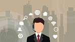 Call center, contact and animation of man in telemarketing, global networking and crm in smart city. Male agent, headset and illustration for modern connection with internet, support or app selection