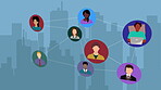 Communication, connectivity and icon for networking with profile thumbnail in city for networking. Cloud computing, data and future with graphic of user people on virtual urban town for global system