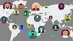 Global networking, diversity and illustration for connection, modern technology and worldwide map. Digital connectivity, economy and animation of people for import, exports and international trade