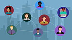 Illustration, city and people with connection for call center, consultation, and communication. Abstract, employess and clients for customer support or service as crm advisor and telemarketing