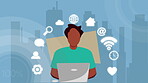 Illustration, city and man on laptop with app icons for internet connection, networking and communication. Abstract, business person and employee with online research, freelancer and website designer