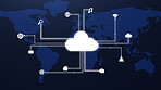 Background, cloud icon and wireframe for global network, cybersecurity and internet for data and future. Program, technology and software or cyberspace with server, database and connection for iot