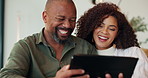 Happy couple, relax and browsing with tablet for home decor, interior design or fun renovation together. Black man and woman with smile or scrolling on technology for house improvement, DIY or ideas