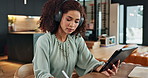 Tablet, notes and woman with headphones tablet in home office with online research for business plan. Music, streaming and freelance consultant with digital app for design ideas, project or schedule