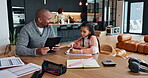 Father, daughter and studying in kitchen, tablet and questions for mathematics, calculator and writing.  Elementary school, practice and teaching of equations by dad, growth and development of child