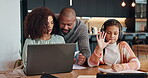 Laptop, man and woman in kitchen, helping and working idea for story, creative and fantasy writer. Home, daughter and e learning on dining table, writing and listen to questions with headphones