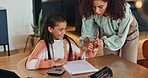 Mother, girl and force homework in home, education and refuse to learn or work on school project. Mommy, daughter and bored studying for test or assignment, encouragement and speaking on lesson