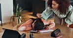 Mother, girl and wake up for homework in home, education and refuse to learn or work on school project. Mom, daughter and bored studying for test or assignment, encouragement and speaking on lesson