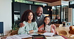 Black family, portrait and hug for love in home, together and relationship for support. Parents, daughter and study for test or assignment, planning and confident in embrace for love or remote work