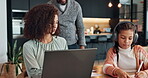 Laptop, man and woman in kitchen, working and helping with idea for story, creative and fantasy writer. Home, daughter and e learning on dining table, writing and listen to questions with headphones