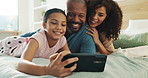 African parents, girl and selfie on bed for bonding, care and connection with love in family home. People, mother and father with child for photography with memory, profile picture and relax in house