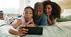 Parents, girl and selfie on bed for funny face, care and connection with love in family home. African people, mom and dad with child for photography with memory, profile picture and relax in house