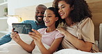 Parents, girl and happy for selfie on bed, care and connection with love on web in family home. African father, mom and child for photography with memory, profile picture or relax in morning at house