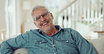 Senior man, face and happy in home to relax in living room with confidence, pride and retirement on sofa. Person, smile and pensioner in modern house for portrait in lounge for break in New Zealand