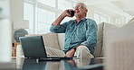 Senior, happy man and laughing with phone call for funny joke, conversation or chat on sofa at home. Elderly male person talking with smile on mobile smartphone for friendly discussion at house