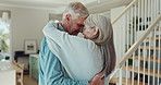 Love, dancing and senior couple with hug in living room for happiness, relationship or care. Smile, married man and elderly woman with retirement for movement, embrace or bonding together in home  