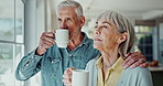 Tea, love and happy senior couple with comfort, calm and thinking of retirement, security or assets by window. Mature people drinking warm beverage, coffee and talking of property or home investment