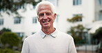 Retirement, senior man and portrait outside nursing home for wellness, good health or successful admission. Elderly male person, smile or gratitude in garden for peace, happy memory or calm in Canada