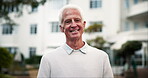 Portrait, happy and senior man in garden of nursing home for retirement and wellness. Smile, elderly male person and pride for health, relax and care or comfort in nature or backyard in morning