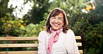 Retirement, senior woman and portrait on bench for wellness, good health or successful admission to nursing home. Elderly female person, smile or gratitude in garden for peace, happy memory or calm