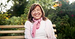 Portrait, senior woman and retirement on bench for wellness, good health or successful admission to nursing home. Elderly female person, smile or gratitude in park for peace, happy memory or pension