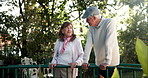 Talking, relax and senior couple in garden for bonding, conversation or nature in retirement. Love, old man and woman in backyard at nursing home for fresh air, discussion and happy marriage together